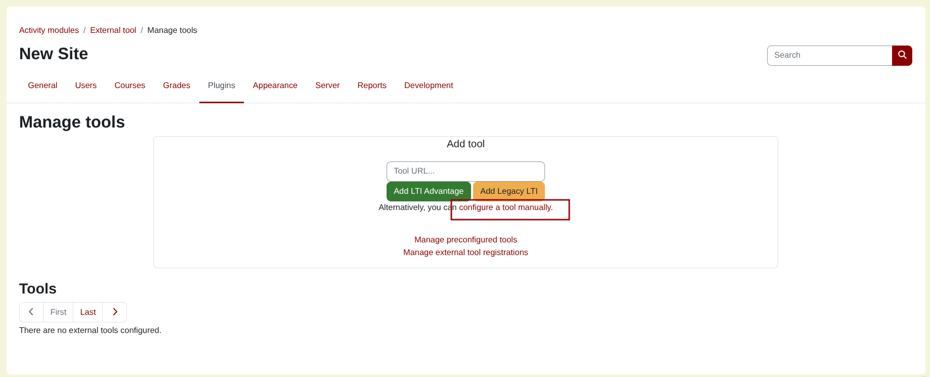 Screenshot of Moodle manage tools page with configure tool manually button highlighted