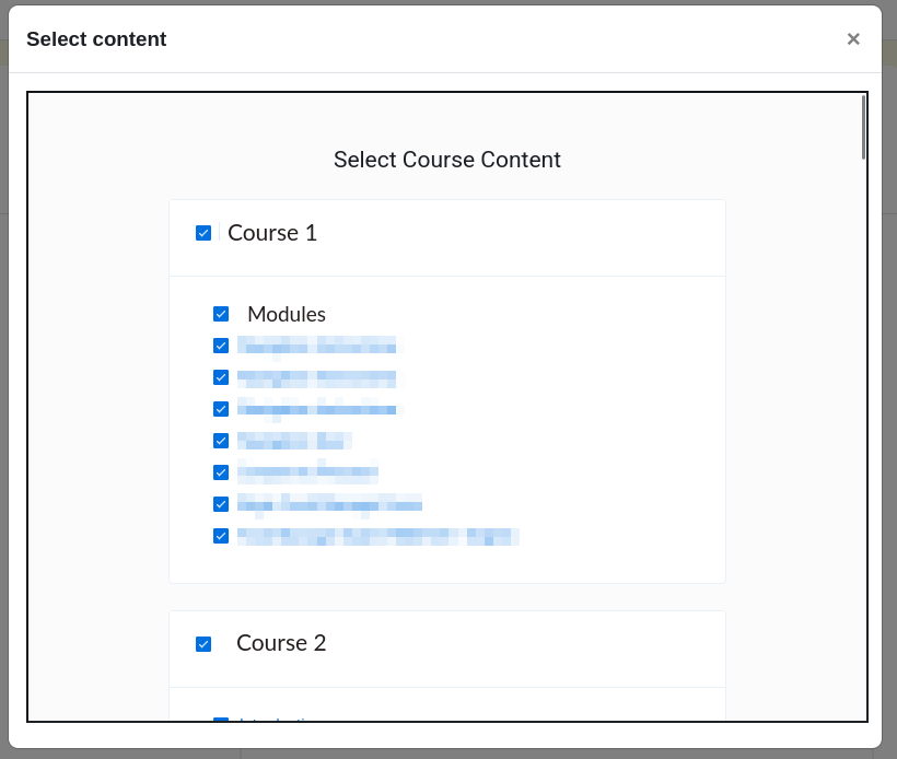 Screenshot of AOM content selection modal showing available courses and modules