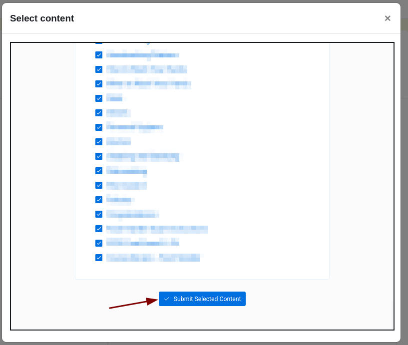 Screenshot of AOM content selection modal showing Submit Selected Content button